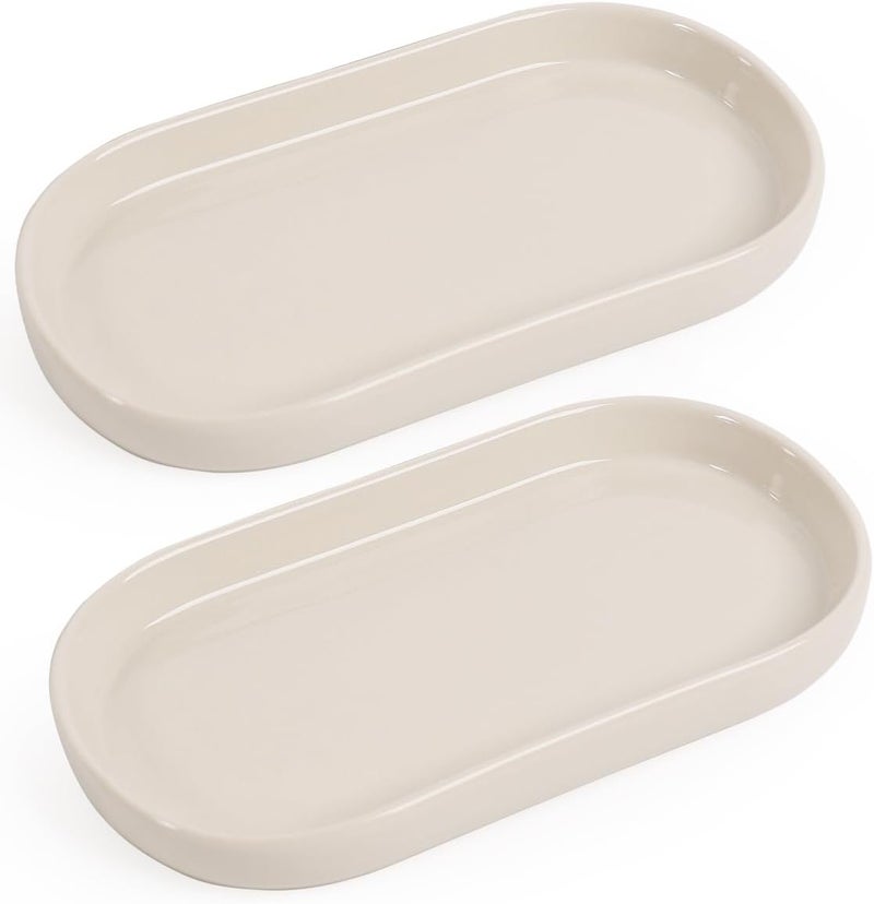 INGOFIN 7" Ceramic Bathroom Vanity Tray Set- 2 Pcs Bathroom Organizer Countertop Tray for Perfume, Jewelry, Small Kitchen Counter Soap Tray, Decorative for Bathroom Vanity and Toilet Tank, Beige - Image 1